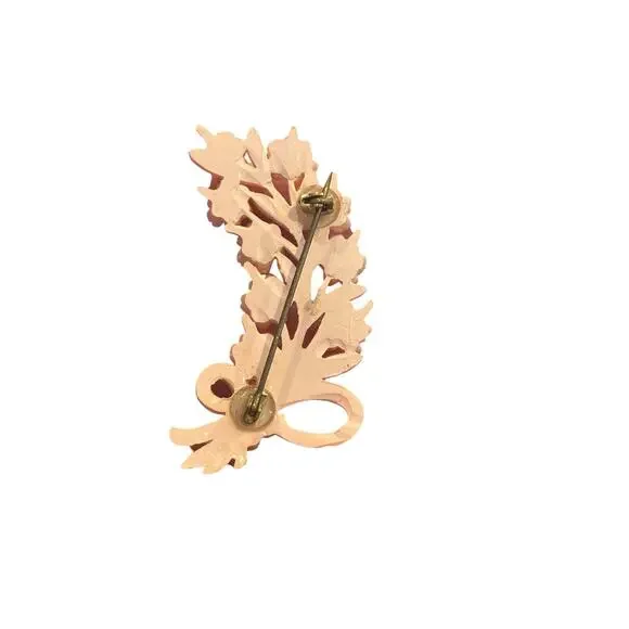 Vintage Carved Celluloid Floral Brooch Peach Rose Spray 1930s 1940s Pin - Picture 6 of 10